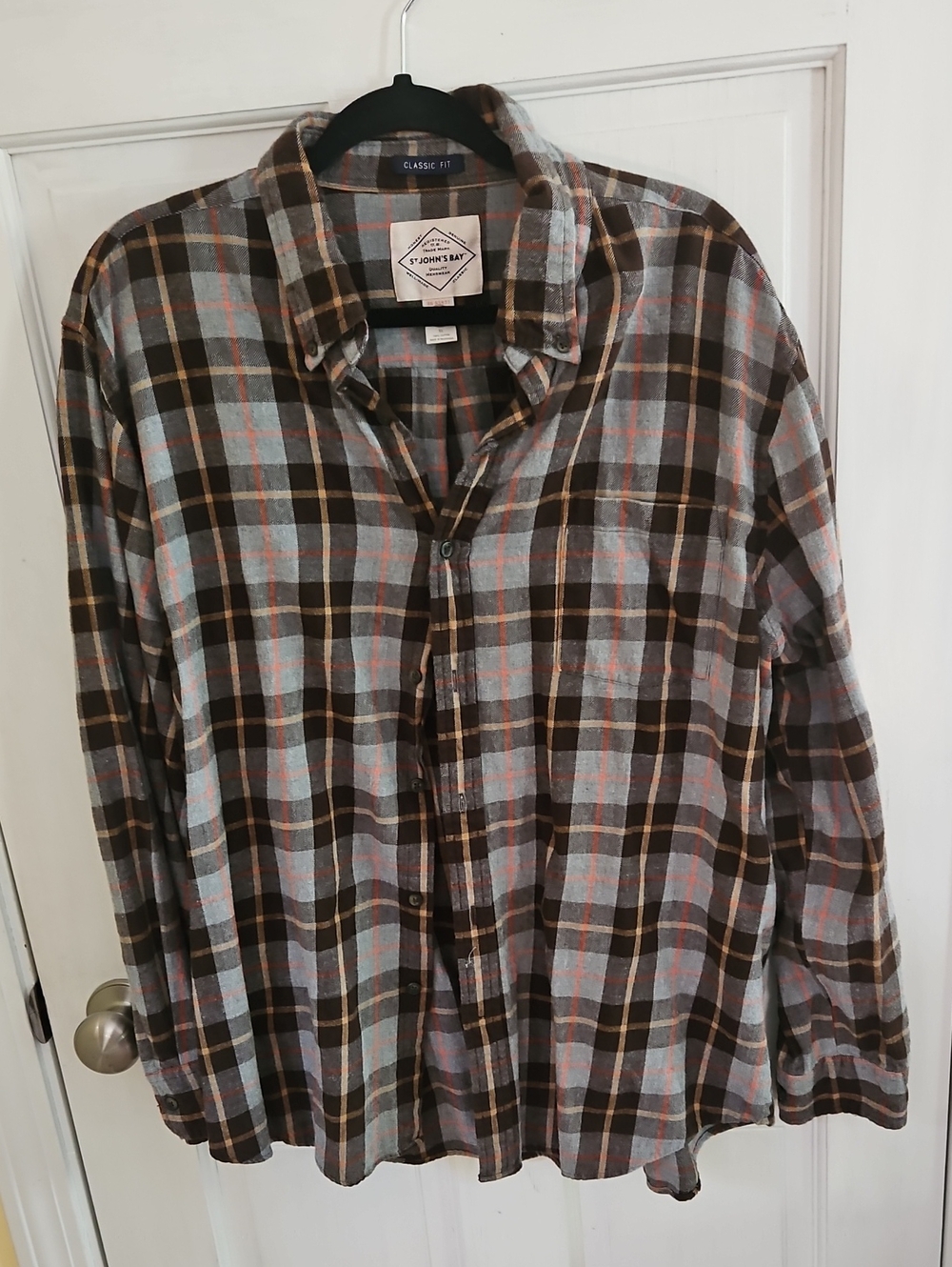 St. John's Bay Men's Plaid Button-Down Flannel Shirt in Brown, Gray & Light Blue